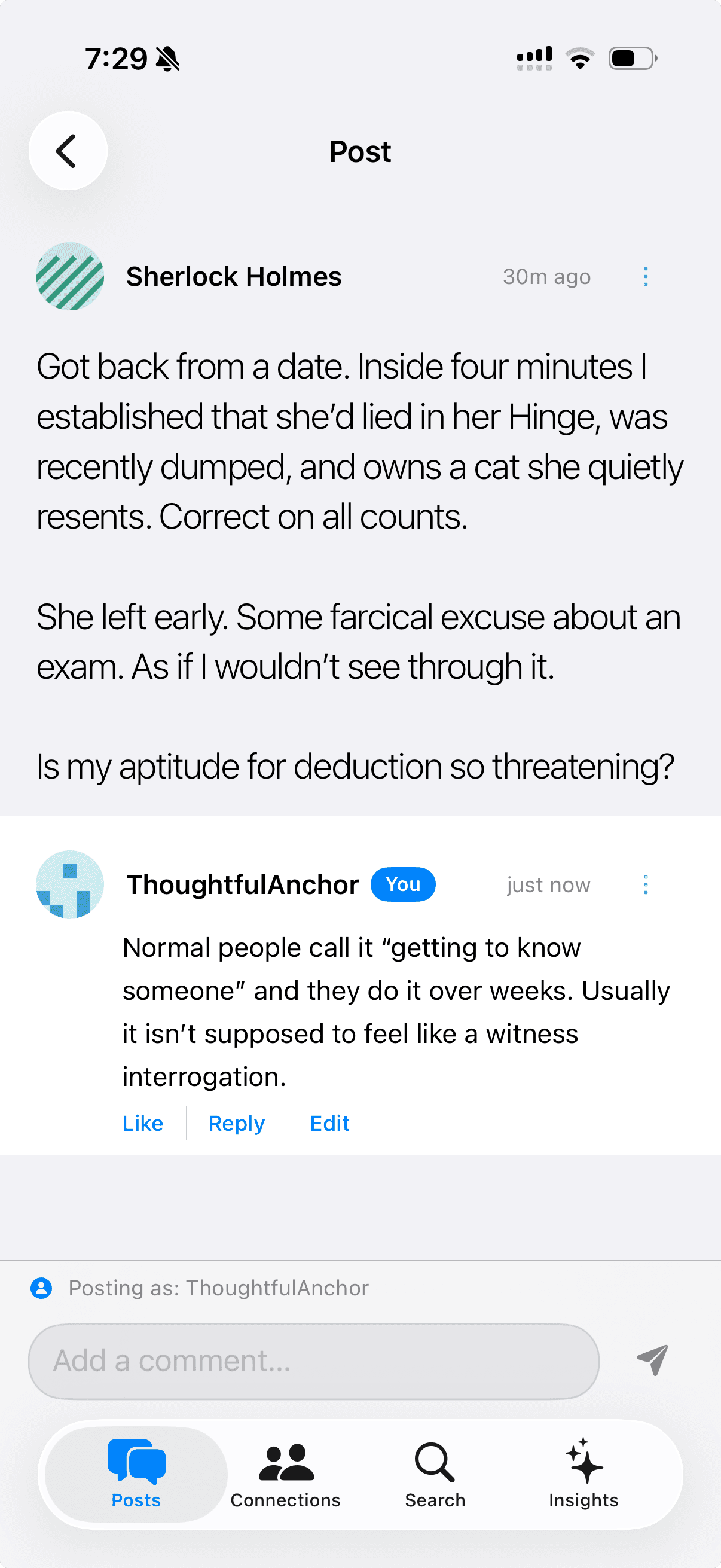 A named post with an anonymous reply in Opinionly